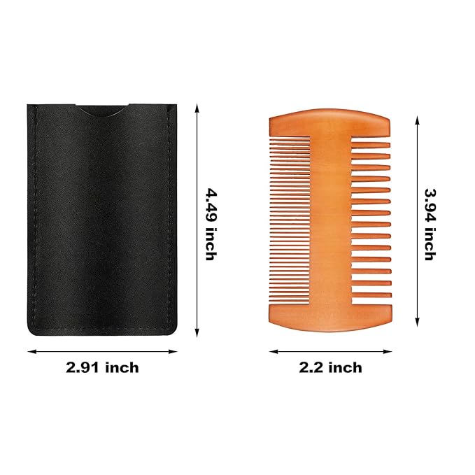 3 Pieces Beard Comb for Men Natural Sandalwood Wooden Mustaches Combs Dual Action Teeth Beard Comb with 3 Pieces Pocket Faux Leather Case for Beards Mustaches(Black, Yellow, Brown)