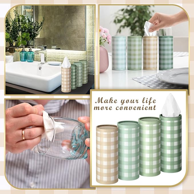12 Set Green Plaid Tissue Boxes for Car Cylinder Bulk Fresh Plaid Round Cylinder Holder with 3 Ply Facial Tissues for Spring Summer Travel Bathroom Office Decoration