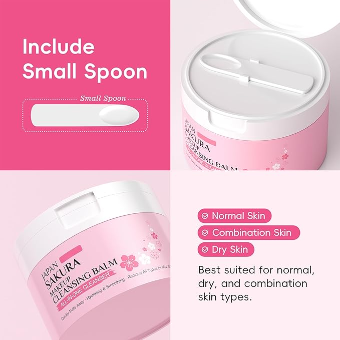Sakura Makeup Cleansing Balm, Hydrating & Smoothing All-In-One Cleanser Quickly Melts Away, Gently Cleanse Dirt, Impurities And Makeup Face Cleanser & Makeup Remover for Women Girls, 3.53oz.