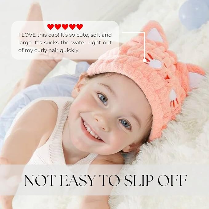 Microfiber Hair Towel Wrap for Kids, Pink Cat Dry Hair Cap Suck Water, Absorbent Quick Girls Boys Hair Drying Towel, Lightweight Bouncy Hat Headscarf