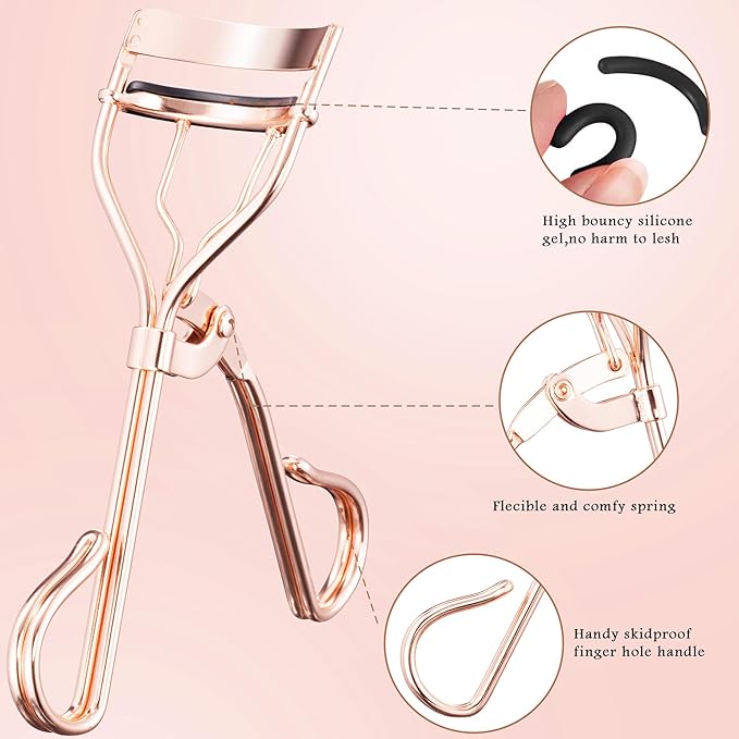 3-in-1 Professional Eyelash Curler Kit – Salon-Perfect Lashes at Home!Includes: Eyelash Curler (w/Replacement Pad), Eyebrow Tweezers & Curved Applicator Toolr – Travel-Friendly & Pain-Free (Rosegold)