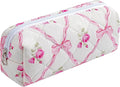Cute Floral Makeup Brush Bag Small Cotton Quilted Cosmetic Bag for Women Travel Toiletry Zipper Make Up Pouch (Pink Bowknot Rose)