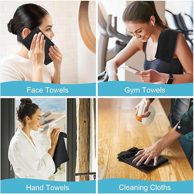 Orighty Washcloths, 20 Pack Microfiber Face Towels, Highly Absorbent and Soft Feel Wash Cloths & Hand Towels for Bathroom, Hotel, Spa, and Gym, 11.5x11.5 Inch, Black