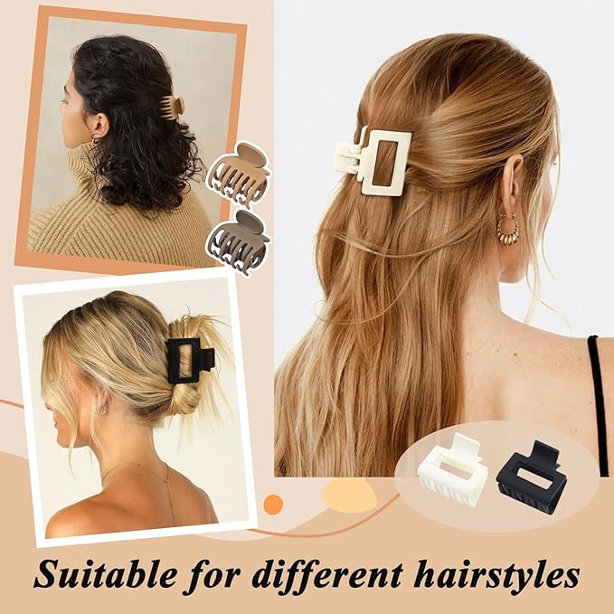 DEEKA 8 Pack Medium Small Hair Clips Set 2"" Rectangle and 1.6"" Double Row Teeth Hair Claw Clips for Thin Short Hair Matte Hair Clips Hair Accessories for Women Girls, Beige, Brown, Khaki, Black
