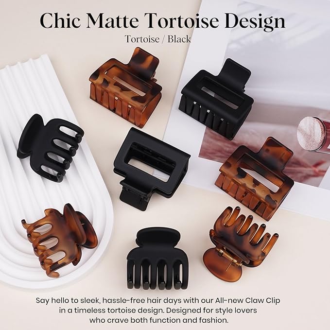8 PCS Medium Hair Clips for Women Girls - 2 Styles Rectangle Small Claw Clips for Thin Thick Curly Hair, Stylish Matte Non-slip Strong Hold Jaw Clips Square Hair Accessories, Tortoise & Black