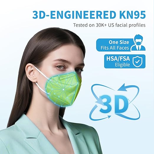Akgk KN95 Face Mask 50 PCS, Breathable Protection 5-Ply Green Masks, Cup Dust Safety