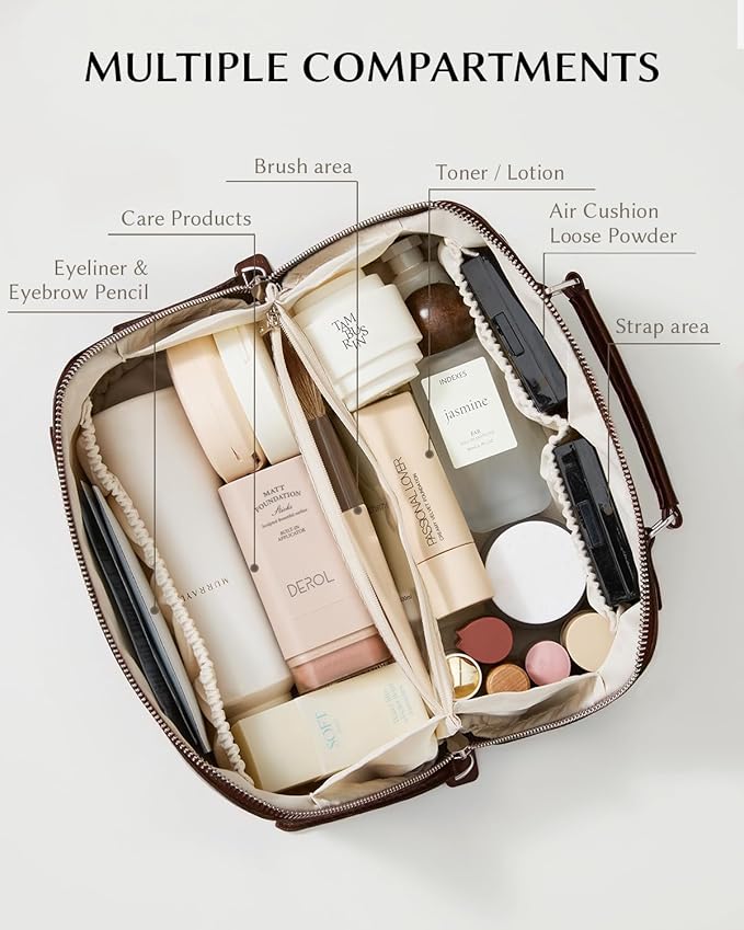EACHY Travel Makeup Bag, Large Capacity Cosmetic Bag for Women, Waterproof PU Leather, Flat Open Portable Toiletry Bag for Skincare, Brushes & Travel Essentials