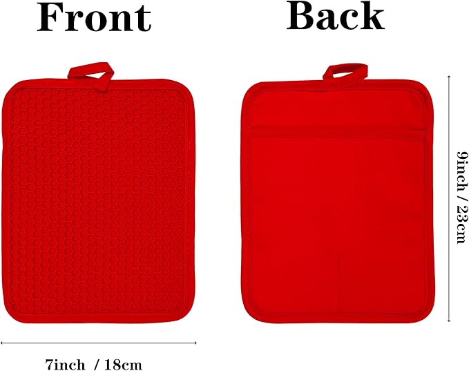Oven Pot Holder with Pocket Cotton Heat Resistant Coaster Potholder Kitchen Hot Pad Oven Mitts for Cooking and Baking Square 7"x9" (Red, Silicone)