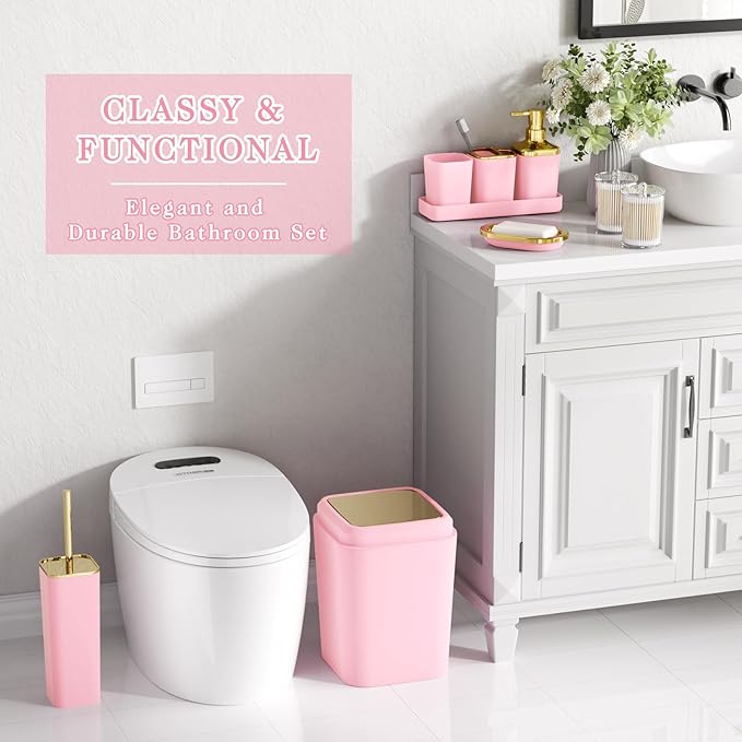 Pink Bathroom Accessories Set, Pink and Gold Bathroom Accessories with Trash Can, Soap Dispenser, Soap Dish, Toothbrush Holder and Q-tip Holders