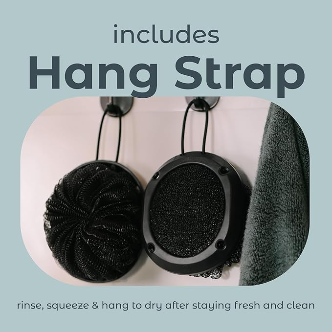 MainBasics Shower Tool Duo 2-1 Shower Loofah Sponge and Exfoliating Body Scrubber (2 Pack, Black)