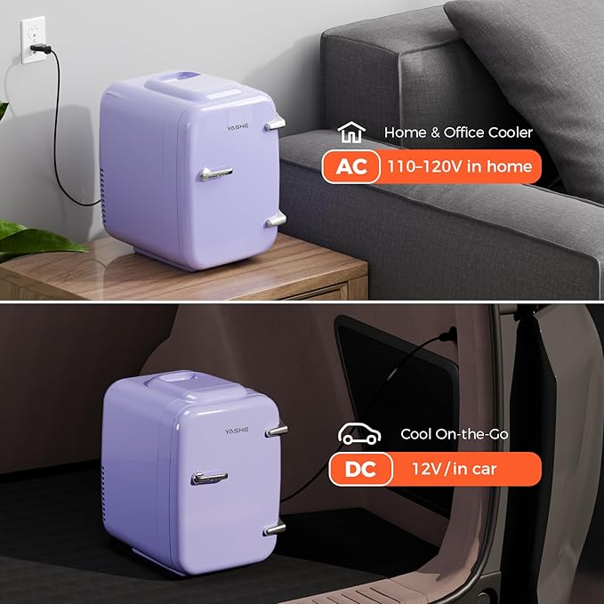 Mini Fridge, 4 Liter/6 Can Mini Makeup Fridge, 110V AC/ 12V DC Portable Thermoelectric Cooler&Warmer for Skincare, Drink, Cosmetic, Medicine, Small fridge for Bedroom, Office, Dorm, Car, Purple