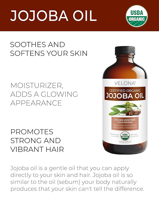 velona Jojoba Oil USDA Certified Organic - 16 Fl Oz in Glass Bottle | 100% Pure and Natural | Golden, Unrefined, Cold Pressed, Hexane Free | Moisturizing Face, Hair, Body, Skin Care