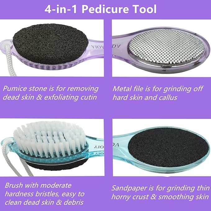Foot File Callus Remover 4-in-1, 3 Pcs Feet Scraper Pedicure Tools with Pumice Stone, Scrubber Brush, Foot Rasp and Sand Paper, Double Sided Multi Purpose, Clear Pink, Blue, Purple