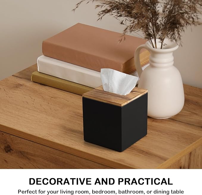 Black Tissue Box Cover Square - Wooden Tissue Box Holder - Decorative Cube Facial Tissue Dispenser for Vanity Toilet Tank Dresser Nights Stand Kitchen Table Office Countertop