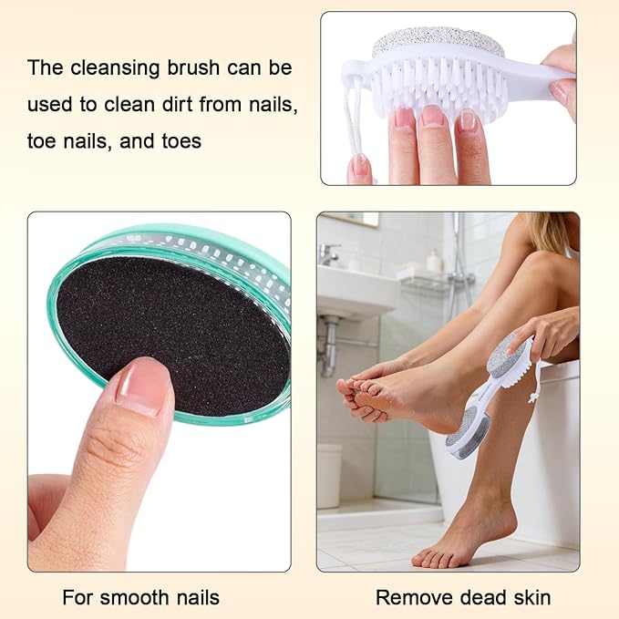 Foot File Callus Remover 5-in-1, 2 Pcs Feet Scraper Pedicure Tools with Pumice Stone, Scrubber Brush, Stainless Steel Foot Rasp and Sand Paper Debris Catcher, Multi Purpose, Pink Cyan