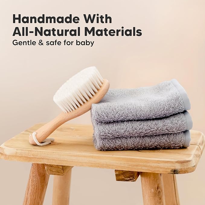 Wooden Baby Hair Brush - Cradle Cap Baby Brush with Soft Goat Bristles, Perfect Gentle Scalp Newborn Comb for Infant, Girls, Boys, Bath Essentials (Walnut, Petite)