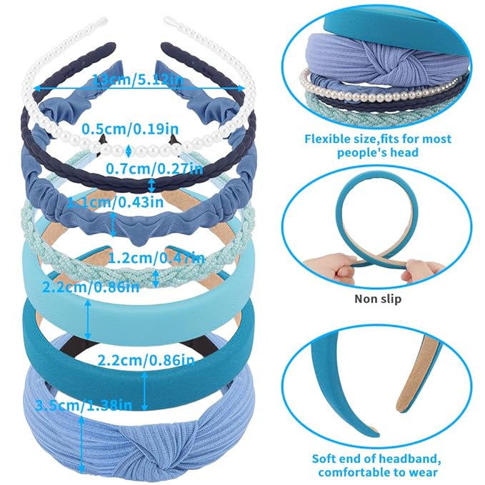 AHONEY 7 Pack Blue Headbands for Girls Women Headbands Trendy Non Slip Hairbands Preppy Hair Accessories Multi-style Headband Pack