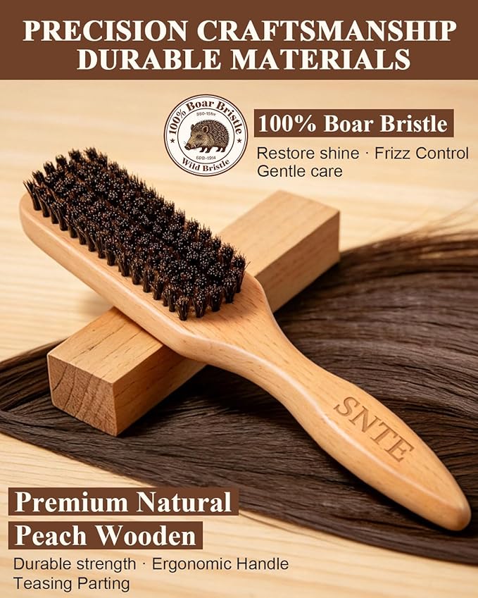 100% Boar Bristle Slick-Back Brush | Natural Wooden Styling Tool to Restore Shine & Frizz Control, Smooth Flyaways | Teasing to Add Volume | Perfect for Sleek Ponytails, Buns & Men's Beard Grooming