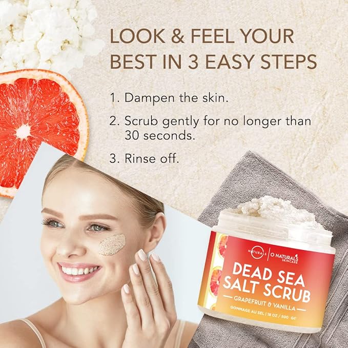 O Naturals Exfoliating Scrub, Natural Dead Sea Salt Deep-Cleansing Face & Body Scrubs. Anti-Cellulite Tones Helps Oily Skin, Acne, Ingrown Hairs & Dead Skin Remover - Grapefruit and Vanilla Oil 18oz