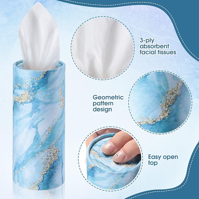 Outus 12 Pcs Marble Car Tissues Cylinder Holder with 3 Ply Facial Tissue Bulk Round Tissue Holder Travel Tissues Boxes Container for Car Cup Wedding Birthday Party