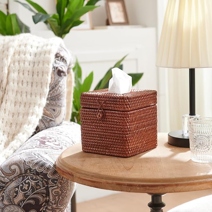 Rattan Square Tissue Box Cover, 5.7" x 5.7" x 5", Decorative Woven Facial Tissue Holder with Hinged Top Lid, Brown