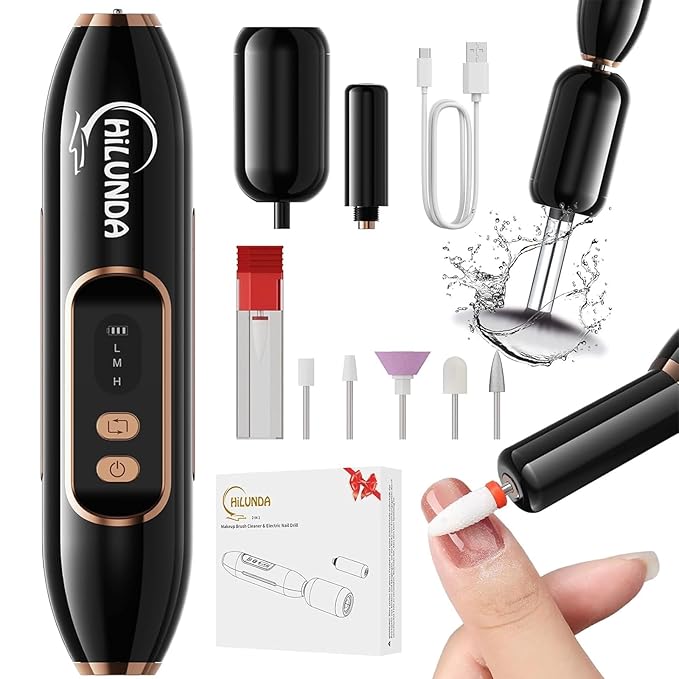 2-in-1 Nail Drill Electric Nail File with Makeup Brush Cleaner Machine (No Bowl), 1500 mAh Battery, Ultra Low Noise, Portable and Rechargeable for Travel & Home