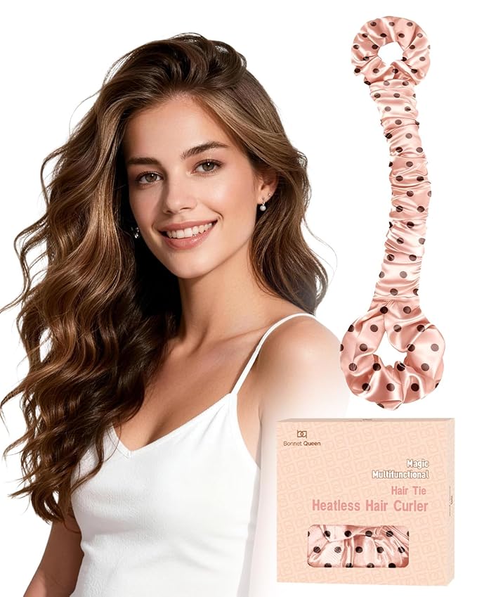 BONNET QUEEN Satin Heatless Hair Curler, Overnight Curls for Long Hair, ultra soft Heatless Curling Rod & 2 Scrunchies,Damage-Free Styling, Soft Hair Curlers for Overnight Use(Pink)