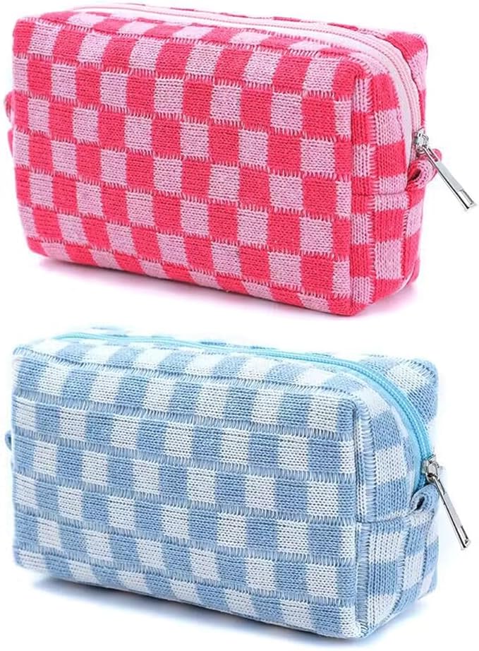 SxoSyo 2 Pcs Cosmetic Bags for Women Checkered Makeup Bag Purse Travel Toiletry Zipper Storage Pouch Make up Brushes Organizer for Gifts (Checkered, Pink & Blue)