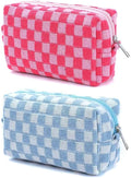 SxoSyo 2 Pcs Cosmetic Bags for Women Checkered Makeup Bag Purse Travel Toiletry Zipper Storage Pouch Make up Brushes Organizer for Gifts (Checkered, Pink & Blue)