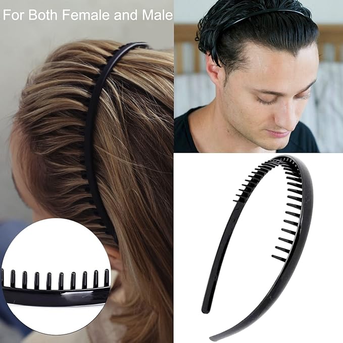8 PCS Fashion Effortless Plastic Headbands with Teeth Comb Black Skinny Headbands No Slip Hair Accessories Bands for Women Men Teen Girls, Lacquered Black