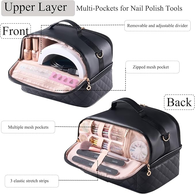 CTWWFS Nail Polish Organizer Holds 35 Bottles & Nail Lamp, Nail Organizers and Storage, Double Layer Nail Bag with Handle & Shoulder Strap for Travel, Nail Supplies Organizer for Manicure Kit (Black)