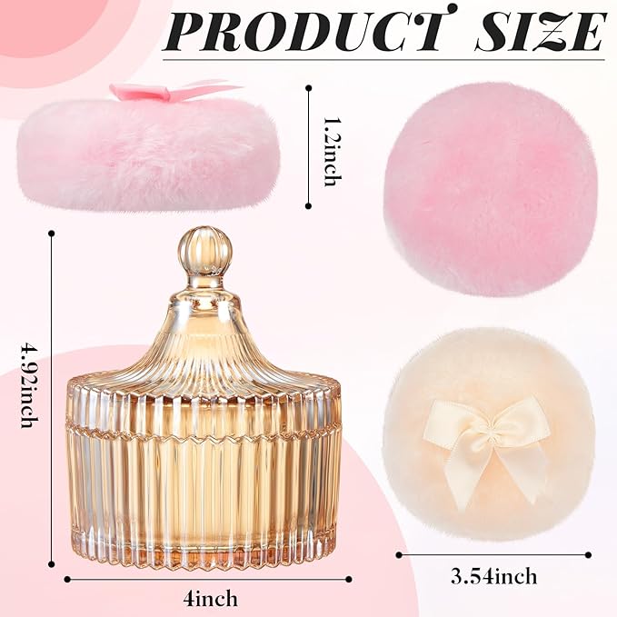 Tioncy 3 Pcs Large Body Powder Puff and Container Valentine's Day gift Powder Container with Puff Crystal Case Soft Washable Reusable Velour Face Body Glitter Wet Dry Makeup(Classic,Amber)