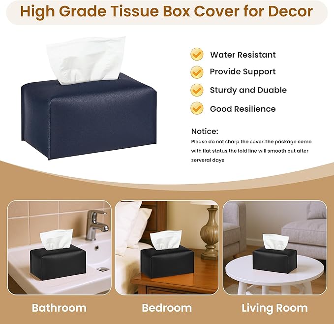 Long Tissue Box Cover, PU Leather Tissue Holder Rectangle, Facial Paper Organizer, Modern Dispenser for Bathroom, Kitchen, Home, Office, Tabletop (1, Deep Blue, Tall)
