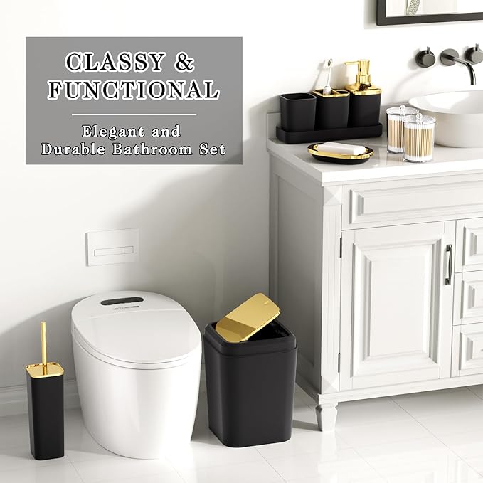 Bathroom Accessories Set - Luxury Black Bathroom Set, 9 Pieces Bathroom Accessory Set, Black Bathroom Accessories with Trash Can, Toilet Brush & Soap Dispenser