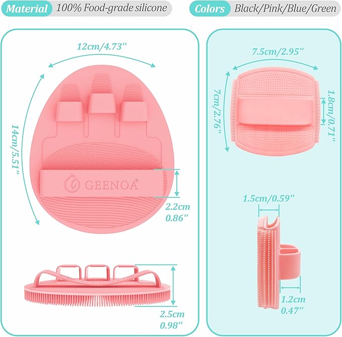 Silicone Bath Glove & Face Scrubber Set 2PCS, 360° Anti-Slip & Hand-fit Body Scrubber for Rich Foaming Deep Cleaning, Unique Facial Scrubber with Side-bristles for Contoured Areas.(Pink)
