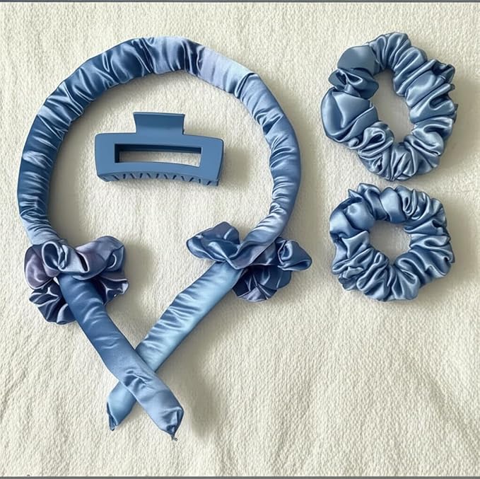 Dunnock Heatless Curling Rods Set Sky Blue - Heatless Curls Overnight with 34" Hair Curler & 2 Satin Scrunchies No Heat Hair Curlers for Soft Waves & Bouncy Curls, DamageFree Hair Styling Tool