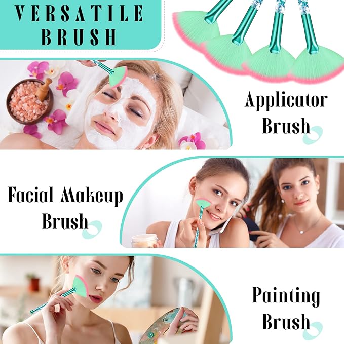Nuenen 12 Pcs Soft Fan Facial Brushes Mask Acid Applicator Brush for Mud Cream Blush Makeup Peel Glycolic Multi Use Cosmetic Tools with Glitter Quicksand Handle and Pouch(Green)