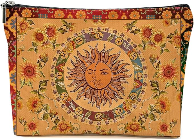 Boho Makeup Bag, Sun and Moon Makeup Bag, boho hippie gifts for women Teen Girls Sisters Friends, Vintage Flower Pouch Floral Canvas Cosmetic Bags, Portable Travel Toiletry Organizer Sun Moon Gifts