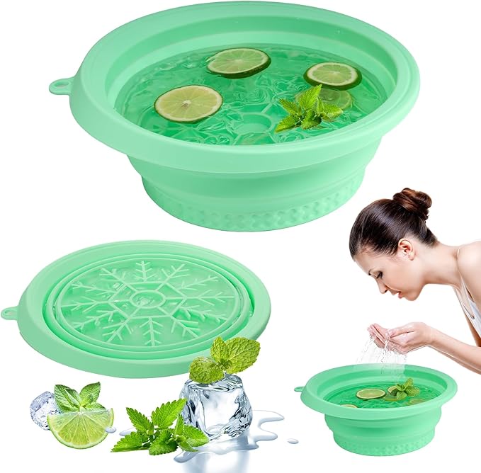 Ice Bowl for Face with Built-in Ice Tray, Foldable Silicone Face Bowl for Ice, Facial Ice Bath Bowl, Skin Tightening & Acne Relief, Portable Ice Face Bowl for Home Travel - Green