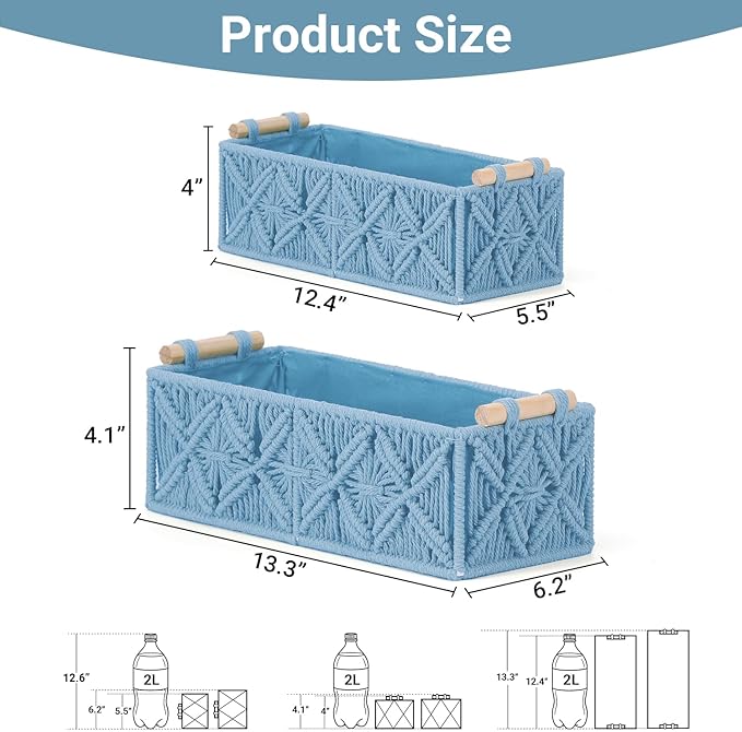 Nonam Macrame Storage Baskets, Boho Decor Style Woven Storage Boxes for Home Organization, Toilet Tank Shelf Cabinet Organizer Baskets,Set of 2,Rectangle,Blue
