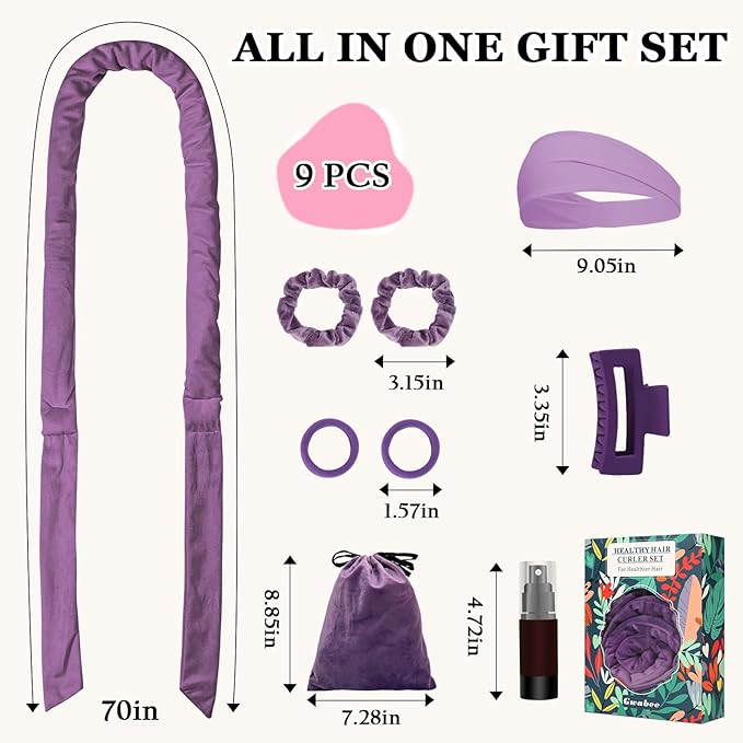 No Heat Overnight Curl Headband, 70" Soft Ribbon Wrap with 9 PCS Curling Rods and Yoga Strap - Purple