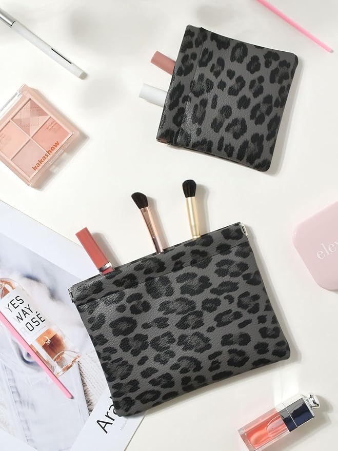 2 Leopard Leather Small Makeup Pouches Set for Women,Cosmetic Accessories,Waterproof and Portable Cosmetic Bags,Self-closing,No Zipper, Aesthetic Storage Pouch,Lipstick for Purse, Black