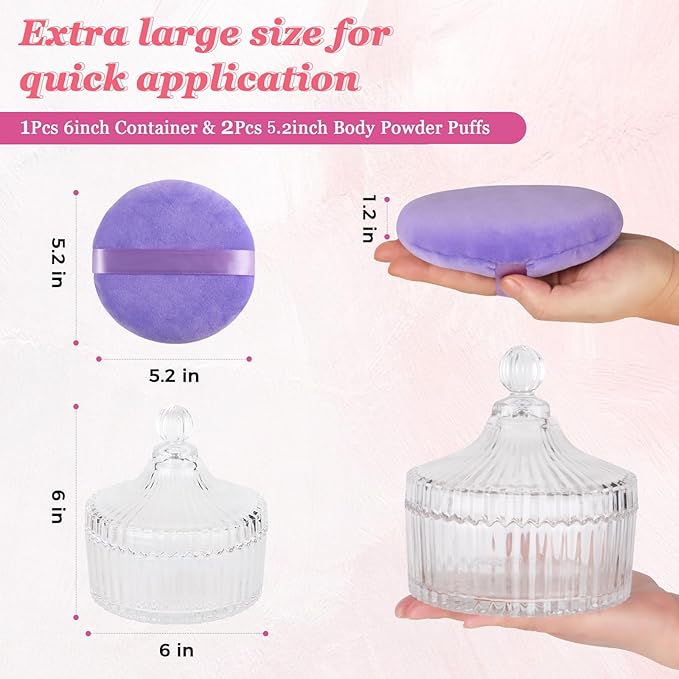 3Pcs Extra Large Body Powder Puff & Luxury 6" Glass Jar Dusting Powder Container with Puff for Women Bath Powder Puffs Perfect for Talcum or Loose Powder (Light Purple)