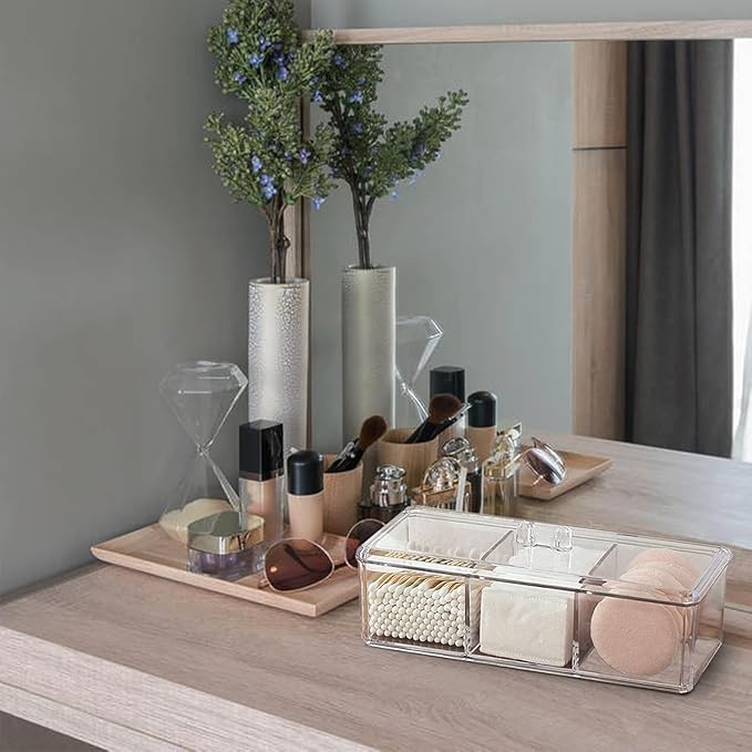 Qtip Holder Dispenser for Cotton Balls, Swabs, Pads, Floss Picks, 3 Compartments Clear Acrylic Container Box with Lid for Bathroom Canister Storage Organization, Vanity Makeup Organizer (#A)
