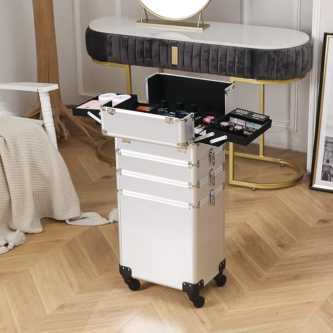 4 in 1 Rolling Makeup Train Case, Professional Aluminum Makeup Travel Organizer Cosmetic Case, Cosmetology Caboodle Case on 360° Wheels, Beauty Storage Luggage Lockable(Silver)
