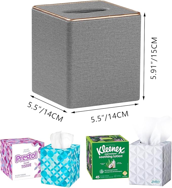 Leather Tissue Box Cover Square,Decorative Cube Tissue Box Holder with Magnetic Bottom,Facial Paper Organizer Table Napkin Case Dispenser for Bathroom NightStand Coffee Car Home Office,Grey