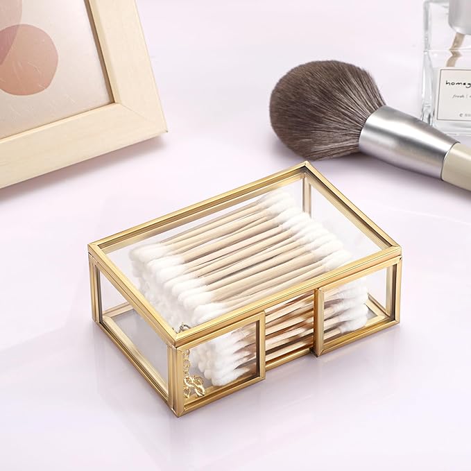 Cotton Swab Holder Small Qtip Dispenser Glass Bathroom Accessories Storage Canister for Dental Floss Pick Organizer Box, 4.1" L x 2.8" W x 1.5" H