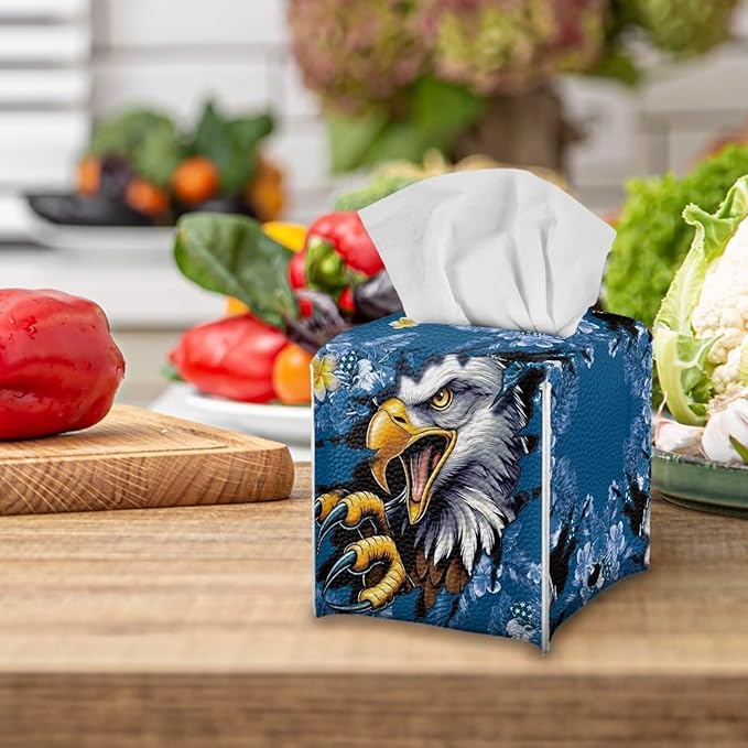 Eagle Blue Flowers Tissue Box Holder, PU Leather Square Napkin Cover with Metal Button, Waterproof Tissue Organizer for Nightstand, Dining Table, Office Desk, and Car Interior