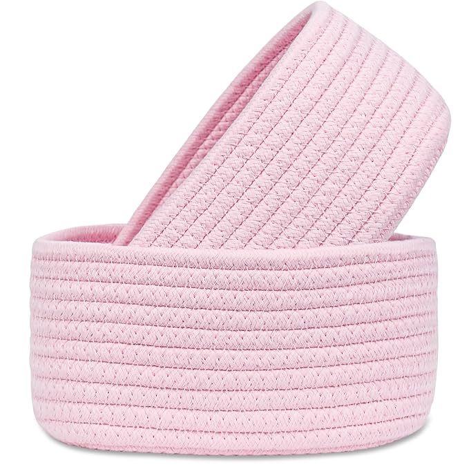 【2 Pack】ABenkle Small Woven Baskets, Tiny Oval Shallow Storage Baskets, Mini Cotton Rope Empty Decorative Basket, Boho Little Organizer Bins for Bathroom, Cat Dog Toy Gifts Baskets