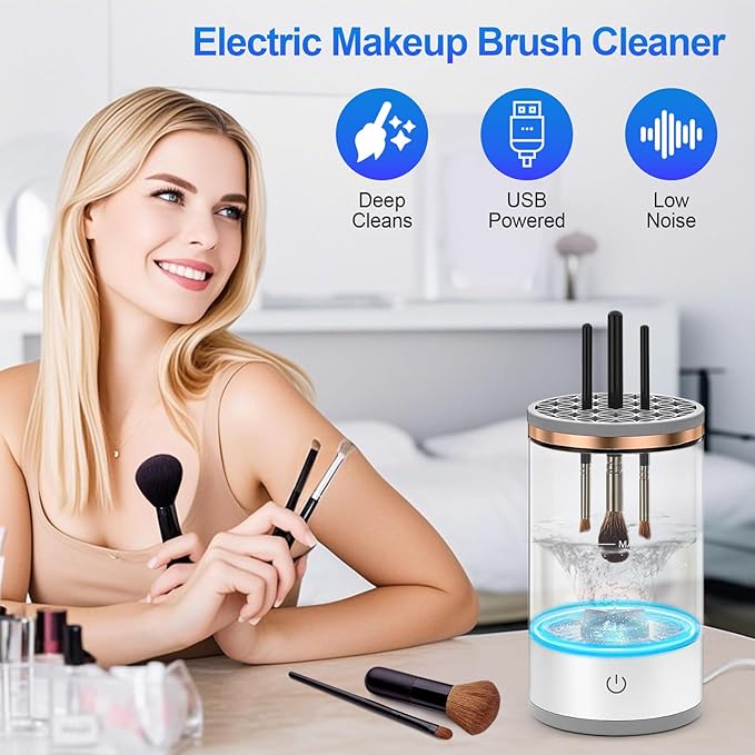 Electric Makeup Brush Cleaner Machine, Efficient Makeup Brush Cleaner for All Brush Types, Keeps Brushes Hygienic and Skin Healthy，1 Pack - White